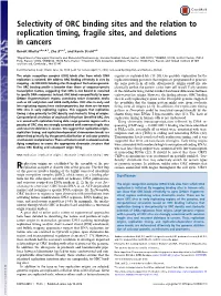 Selectivity of ORC Binding Sites and the Relation to Replication Timing, Fragile Sites, and Deletions in Cancers