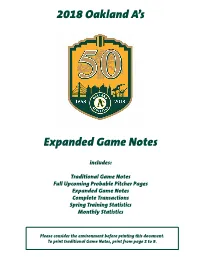 2018 Oakland A's Expanded Game Notes