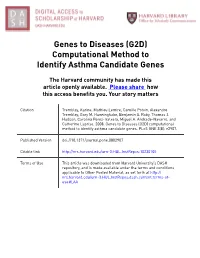 Genes to Diseases (G2D) Computational Method to Identify Asthma Candidate Genes