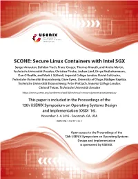 SCONE: Secure Linux Containers with Intel