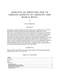Analysis of Emotions Due to Various Aspects of Carnatic and World Music
