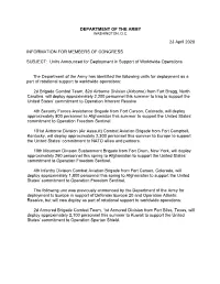 Units Announced for Deployment in Support of Worldwide Operations