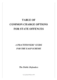 Table of Common Charge Options for State Offences