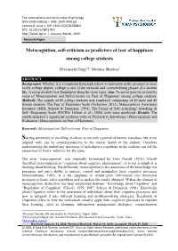 Metacognition, Self-Criticism As Predictors of Fear of Happiness Among College Students