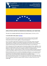 Open Letter in Support of Mediation in Venezuela, Not Sanctions