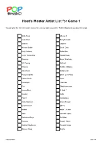 Host's Master Artist List for Game 1
