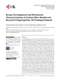 Recipe Development and Mechanical Characterization of Carbon Fibre Reinforced Recycled Polypropylene 3D Printing Filament