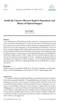 Inside the Camera Obscura: Kepler's Experiment and Eory of Optical