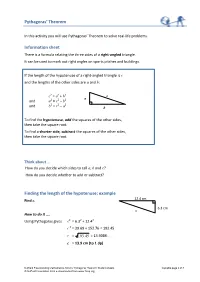 Pythagoras' Theorem Information Sheet Finding the Length of the Hypotenuse