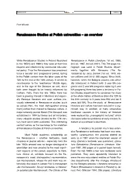 Renaissance Studies at Polish Universities – an Overview