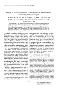 Activity of Juvenile Hormone Acid in Brainless, Allatectomized Diapausing Cecropia Pupae
