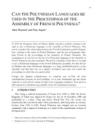 Can the Polynesian Languages Be Used in the Proceedings of the Assembly of French Polynesia?