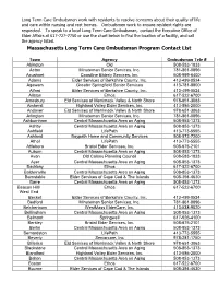 Massachusetts Long Term Care Ombudsman Program Contact List