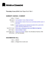 Thursday 9 June 2016 Order Paper No.9: Part 1 SUMMARY AGENDA