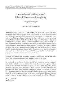'I Should Want Nothing More': Edward Thomas and Simplicity