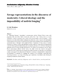 Savage Representations in the Discourse of Modernity: Liberal Ideology and the Impossibility of Nativist Longing1