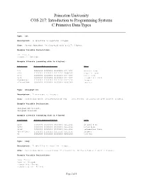Princeton University COS 217: Introduction to Programming Systems C Primitive Data Types