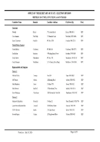 ELECTION DIVISION REPUBLICAN CUMULATIVE FILING AS of 07/20/2020 Candidate Name Domicile Candidate Address City/State/Zip Party