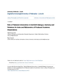 Role of Pakistani Universities in Interfaith Dialogue, Harmony and Relations an Index and Bibliometric of Produced Academic Dissertations