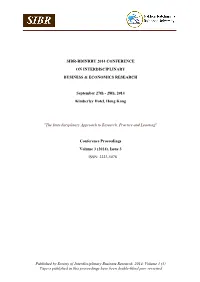 Published by Society of Interdisciplinary Business Research, 2014, Volume 3 (3) Papers Published in This Proceedings Have Been Double-Blind Peer Reviewed