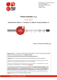 Puma Concolor, Puma Errata Version Assessment By: Nielsen, C., Thompson, D., Kelly, M