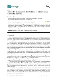 Maxwell's Demon and the Problem of Observers in General Relativity