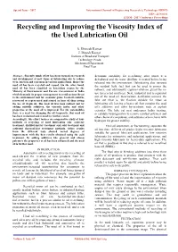 Recycling and Improving the Viscosity Index of the Used Lubrication Oil