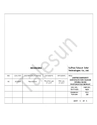 LIMITED WARRANTY CERTIFICATE for TALESUN A0 07-2019 New Edition Zhenzhou.Gao Mike.Qiu 07-2019 07-2019 DOUBLE GLASS PHOTOVOLTAIC MODULE SPEC