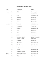REGISTER of NATIONAL DAYS DATE COUNTRY TITLE January 01