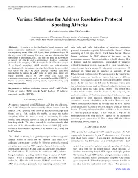 Various Solutions for Address Resolution Protocol Spoofing Attacks