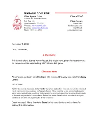 WABASH COLLEGE Class Agents Letter Class of 1967 Alumni and Parent Relations P.O