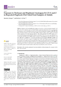 Exposure to Triclosan and Bisphenol Analogues B, F, P, S and Z in Repeated Duplicate-Diet Solid Food Samples of Adults