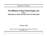 The Militarily Critical Technologies List Part II: WEAPONS of MASS DESTRUCTION TECHNOLOGIES