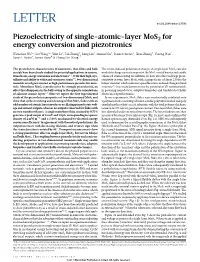 Piezoelectricity of Single-Atomic-Layer Mos2 for Energy Conversion and Piezotronics