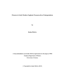 Dreams in Early Modern England: Frameworks of Interpretation