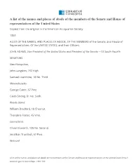 A List of the Names and Places of Abode of the Members of the Senate and House of Representatives of the United States