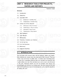 Unit 3 Research Tools for Projects, Papers and Reports
