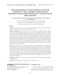 Mentzer Index As a Diagnostic Tool for Screening Thalassemic Patients and Differentiating Iron Deficiency Anemia from Thalassemia