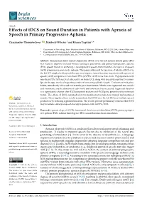 Effects of Tdcs on Sound Duration in Patients with Apraxia of Speech in Primary Progressive Aphasia