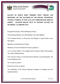 Eulogy by North West Premier, Prof Tebogo Job Mokgoro, on The