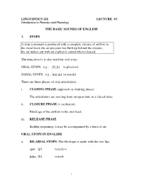 LINGUISTICS 221 LECTURE #3 the BASIC SOUNDS of ENGLISH 1. STOPS a Stop Consonant Is Produced with a Complete Closure of Airflow