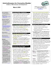 Anticholinergics for Overactive Bladder Evidence, Clinical Issues and Comparisons