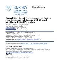 Central Disorders of Hypersomnolence, Restless Legs Syndrome, and Surgery with General Anesthesia: Patient Perceptions