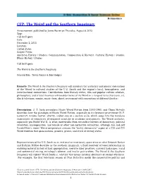 CFP: the Weird and the Southern Imaginary