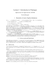 Lecture 2 - Introduction to Polytopes