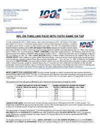 Nfl on Thrilling Pace with 100Th Game on Tap