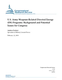 U.S. Army Weapons-Related Directed Energy (DE) Programs: Background and Potential Issues for Congress