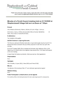 Minutes of a Parish Council Meeting Held on 21/10/2020 at Shepherdswell Village Hall and Via Zoom at 7:30Pm
