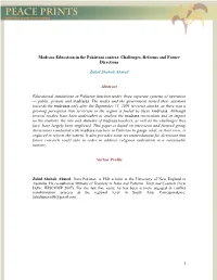 Madrasa Education in the Pakistani Context: Challenges, Reforms and Future Directions