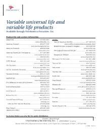 Variable Universal Life and Variable Life Products Available Through Oneamerica Securities, Inc